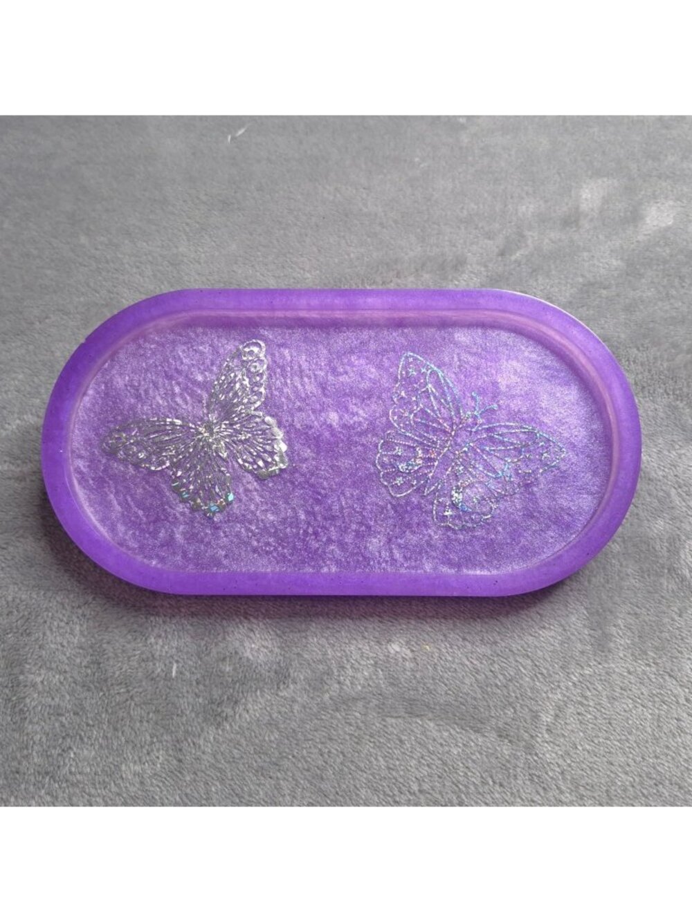 Handmade Holograph Butterfly Resin Trinket Tray 7.5 in Oval Decorative Catchall